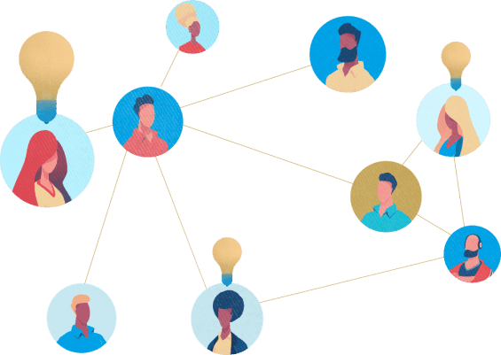 ilustração com rostos de pessoas dentro de pequenos circulos interligados